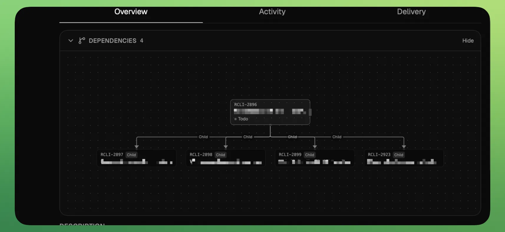 The dependency view for a task in rcli, showing a parent task with four child tasks connected below it