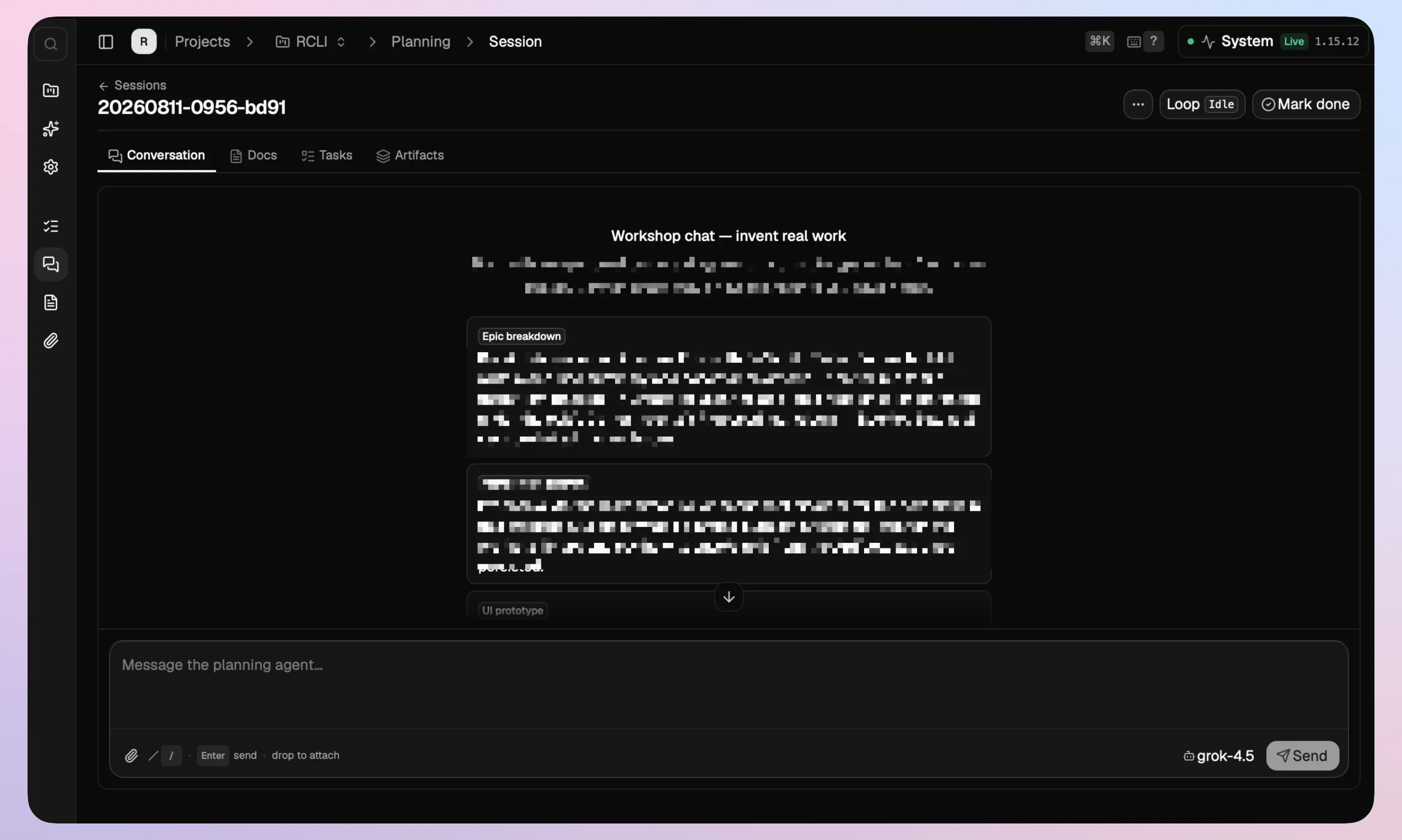 A planning session in rcli, showing a conversation with a planning agent that produced an epic breakdown and a UI prototype, with tabs for docs, tasks and artifacts